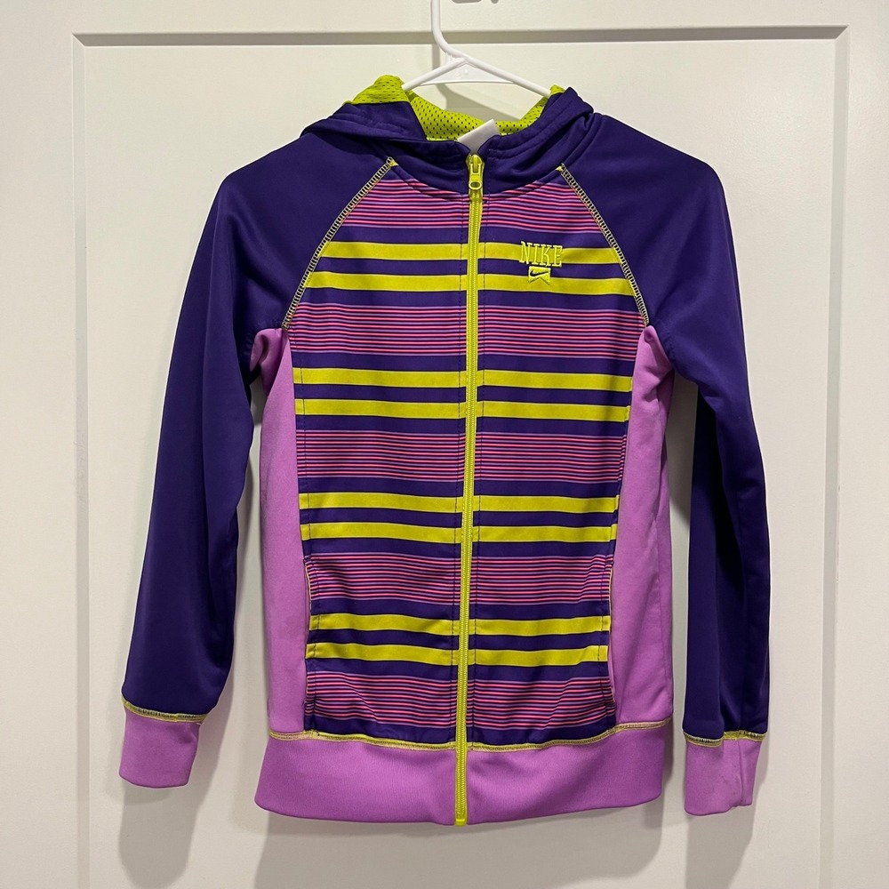 Nike Girls Purple Pink Striped Full Zip Athletic Hoodie Jacket Large L